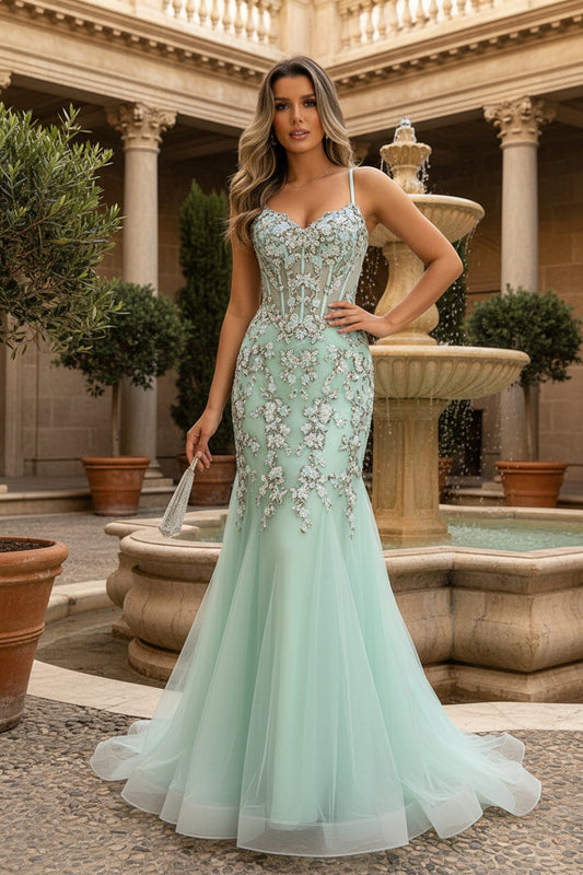 Glitter Sequin Mint Green Spaghetti Straps Corset Prom Dress with Tulle Skirt