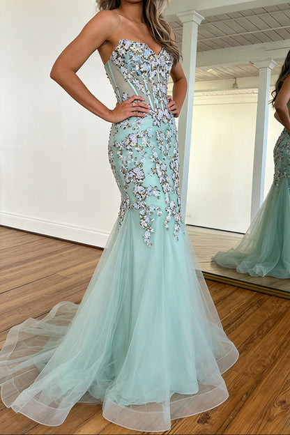 Glitter Sequin Mint Green Spaghetti Straps Corset Prom Dress with Tulle Skirt
