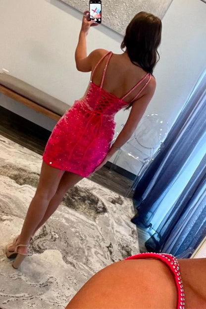 Glitter Hot Pink Bodycon Spaghetti Straps Short Homecoming Dress with Beading