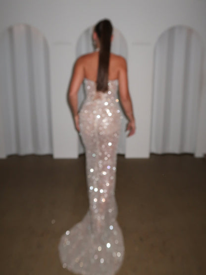 Nude Illusion Silver Sequin Halter Mermaid Gown with Plunge Neck & Sweeping Train