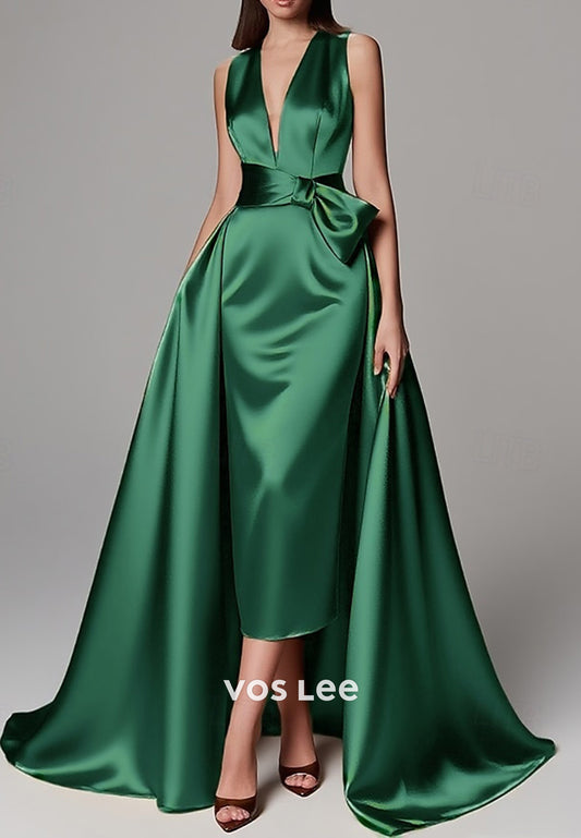 Classic & Timeless V Neck Bowknot Sheath Evening Dresses with Sweep Train