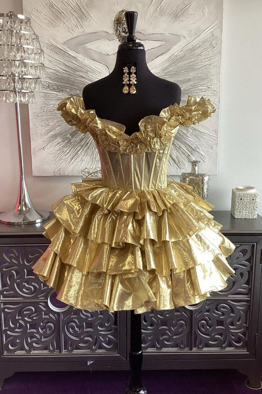 Gold A-Line Off The Shoulder Lace Up Short Tiered Metallic Homecoming Dress