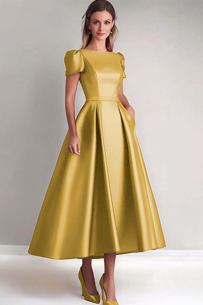 Black A Line Mother of the Bride Dress with Puff Sleeves
