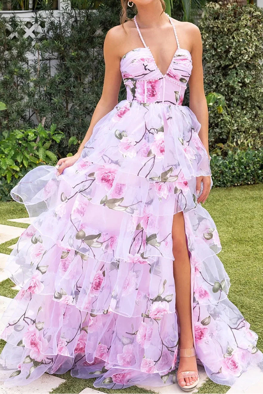 Gorgeous A Line Halter Neck Light Pink Corset Prom Dress with Pearls