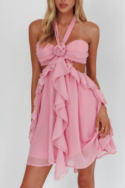 Gorgeous A Line Halter Neck Pink Short Homecoming Dress with Ruffles