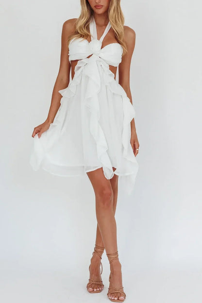 Gorgeous A Line Halter Neck Pink Short Homecoming Dress with Ruffles