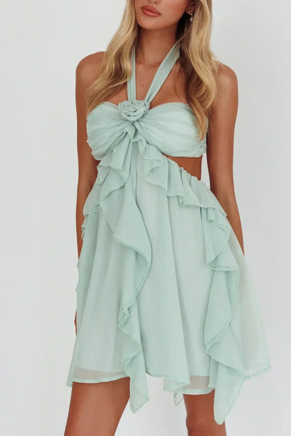 Gorgeous A Line Halter Neck Pink Short Homecoming Dress with Ruffles