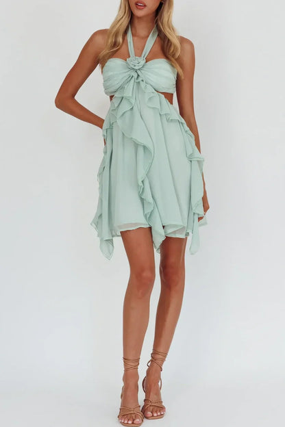 Gorgeous A Line Halter Neck Pink Short Homecoming Dress with Ruffles