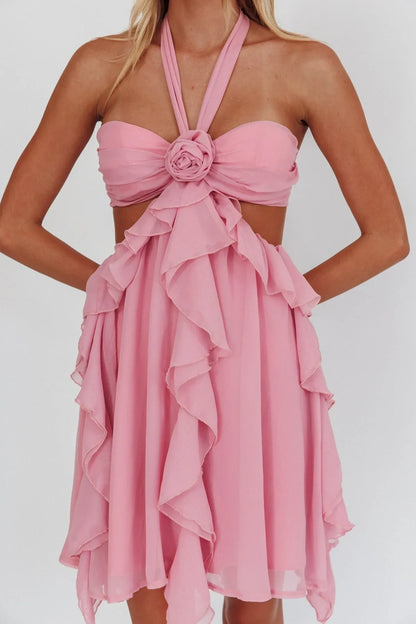Gorgeous A Line Halter Neck Pink Short Homecoming Dress with Ruffles
