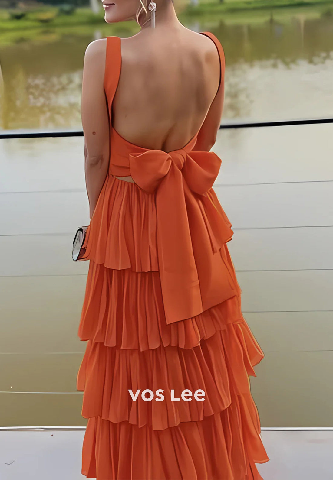 Simple & Casual A-Line Scoop Pleated Floor-Length Bowknot Tiered Prom Dresses