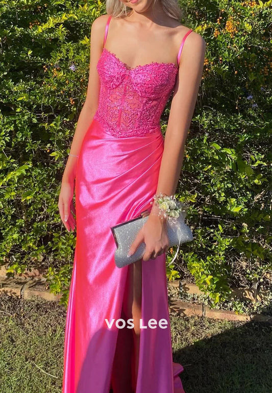 Sexy Spaghetti Straps Sweetheart Appliques Lace Mermaid Prom Dresses with Side Split