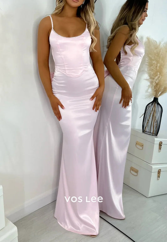 Spaghetti Straps Scoop Bowknot Pleated Floor-Length Mermaid Prom Dresses
