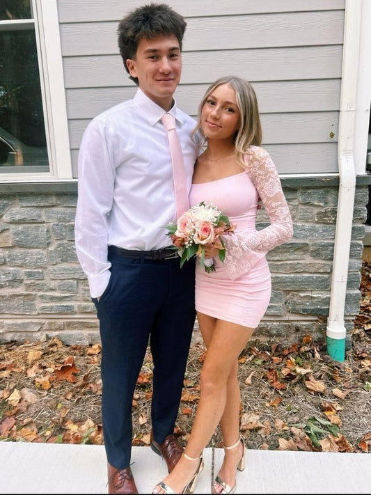 Chic Sheath Square Neck Light Pink Short Homecoming Dress with Long Sleeves