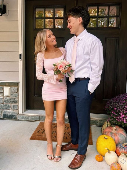 Chic Sheath Square Neck Light Pink Short Homecoming Dress with Long Sleeves