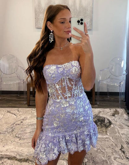 Gorgeous Purple Strapless Short Beaded Homecoming Dress