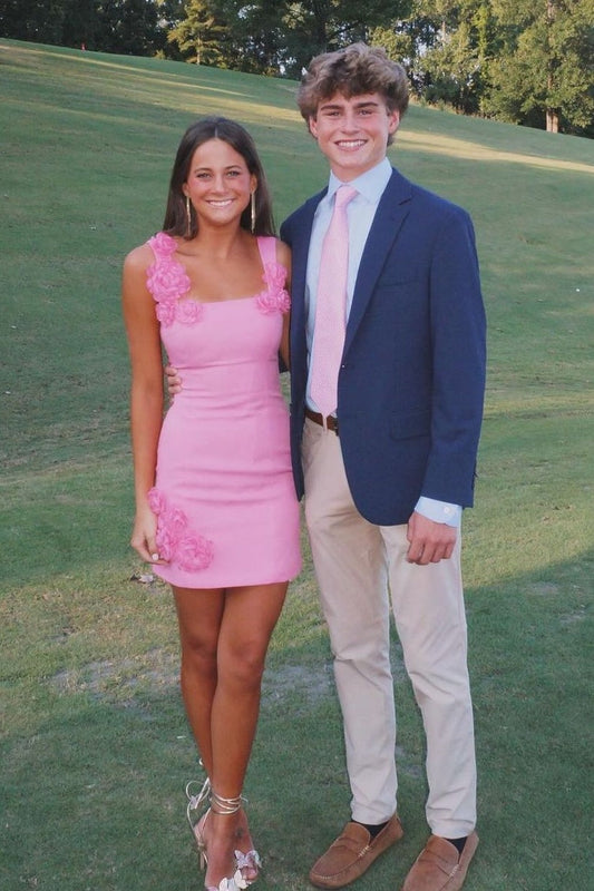 Gorgeous Sheath Square Neck Pink Short Homecoming Dress with 3D Flowers