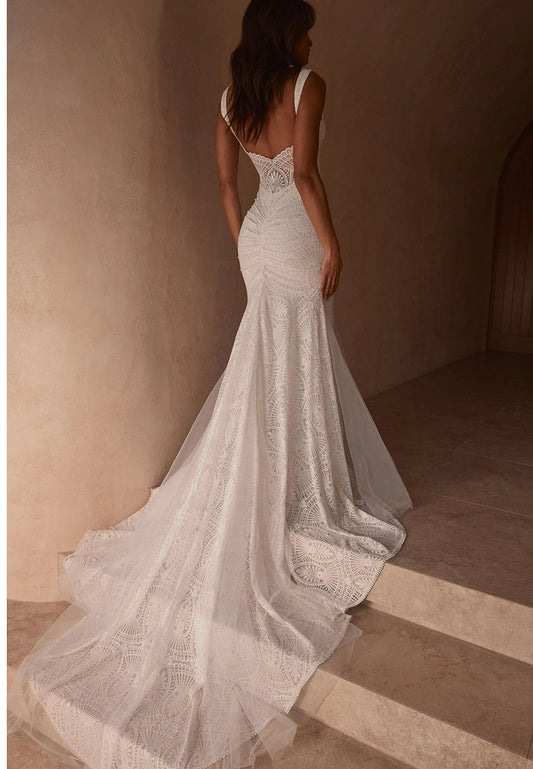 Backless Lace Mermaid Wedding Dress with Cathedral Train | Boho Bridal Gown