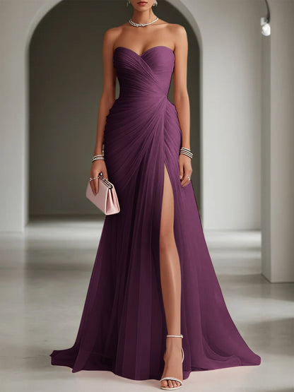 Pink Ruched Slit Tulle Strapless Sleeveless Sheath Gown Dress