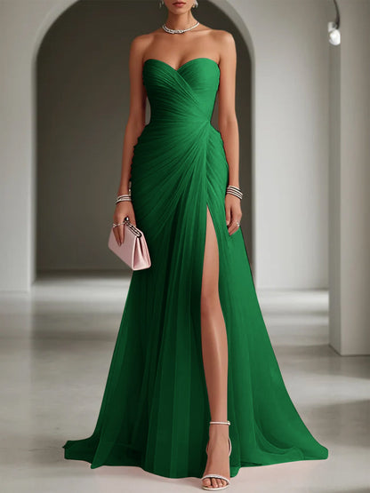 Pink Ruched Slit Tulle Strapless Sleeveless Sheath Gown Dress