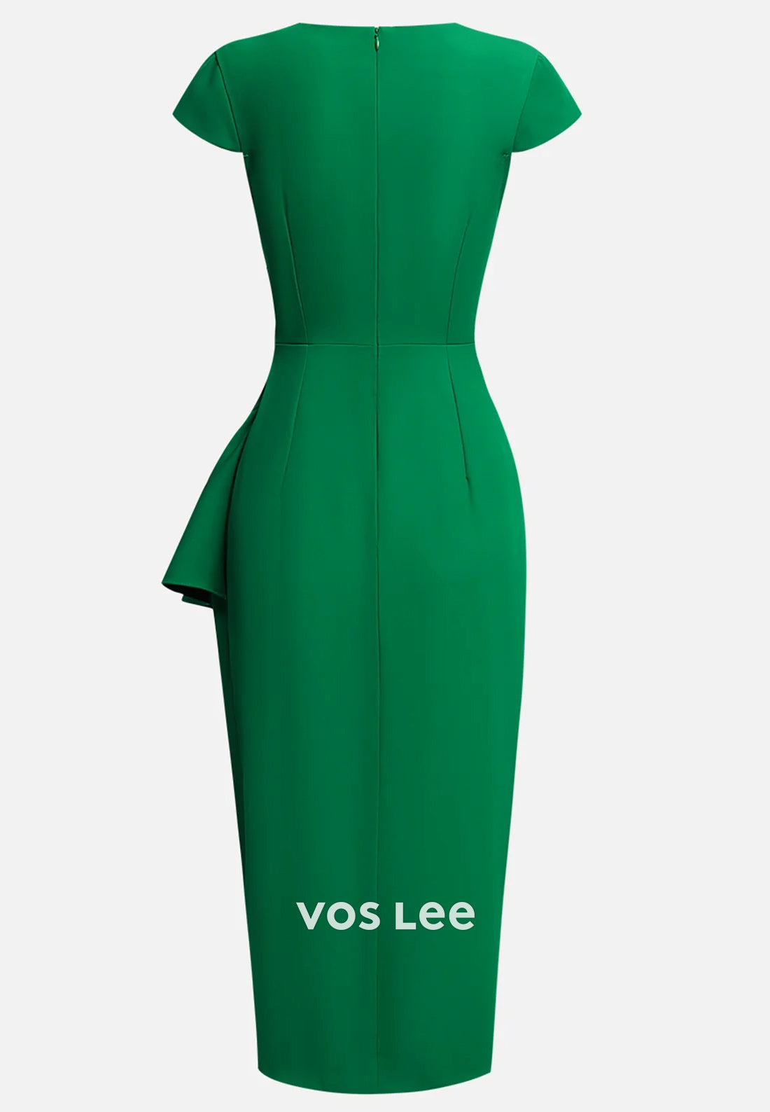 Classic Cap Straps V Neck Sheath Pleated Tea-Length Wedding Guest Dresses