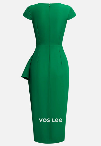 Classic Cap Straps V Neck Sheath Pleated Tea-Length Wedding Guest Dresses