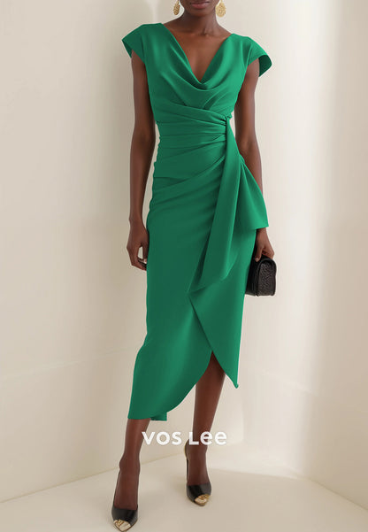Classic Cap Straps V Neck Sheath Pleated Tea-Length Wedding Guest Dresses