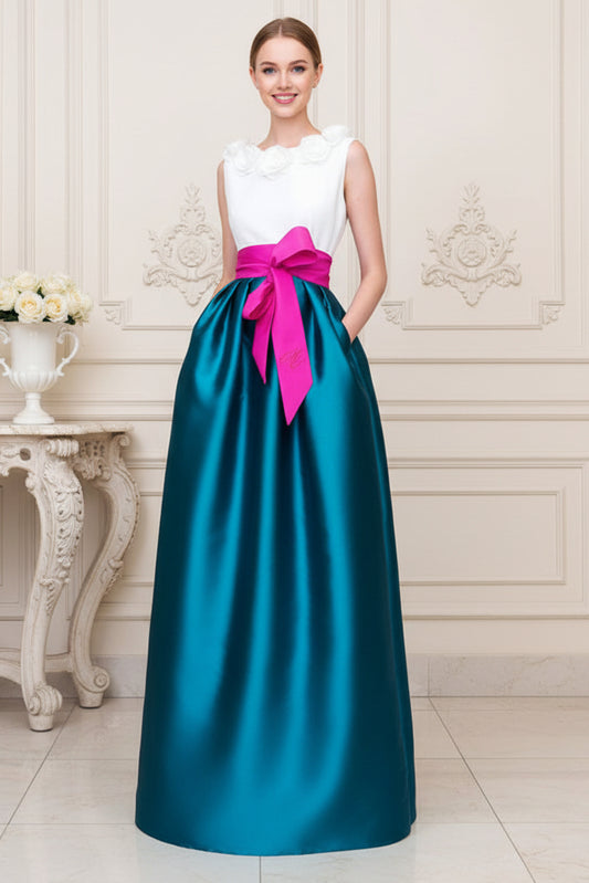 A-Line Gown with 3D Floral Neckline and Bow Sash