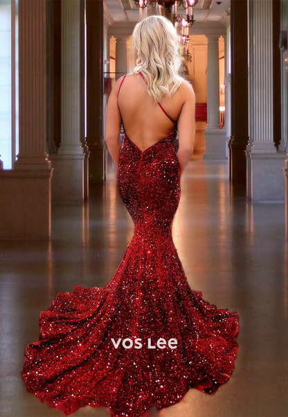 Sparkly One Shoulder Red Night Party Dress Backless Sequined Formal Mermaid Pageant Dress