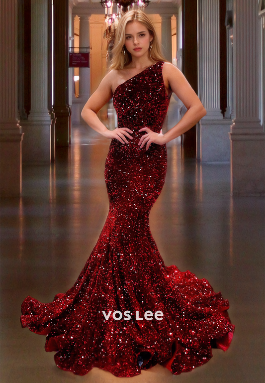 Sparkly One Shoulder Red Night Party Dress Backless Sequined Formal Mermaid Pageant Dress