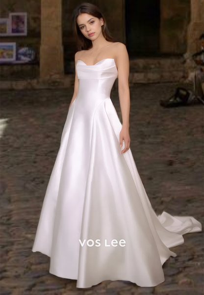 Simple A-Line Satin Sweetheart Wedding Gown Strapless Long Train Buttons Engagement Dress