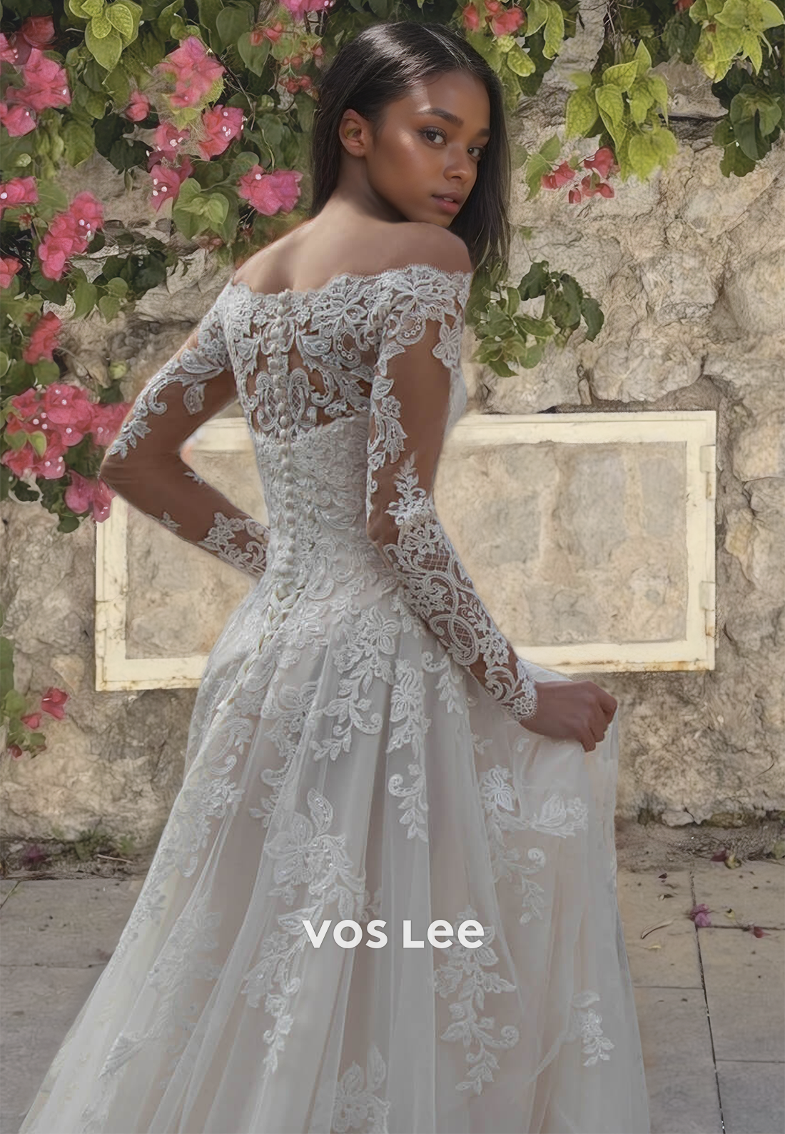 Boat Neck Lace A-Line Wedding Dress with Long Sleeves Button Back Swee – VOS LEE