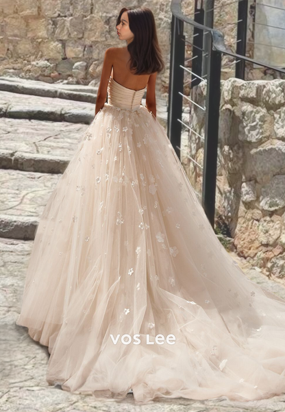 Luxury A-Line Strapless Floor Length Wedding Dress Tulle Appliqued Formal Princess Bridal Dress