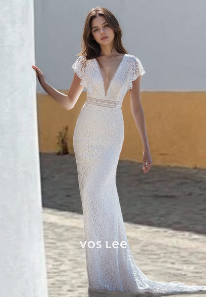 Elegant Mermaid V Neck Lace Wedding Dress Zipper Back Short Sleeves Engagement Dress