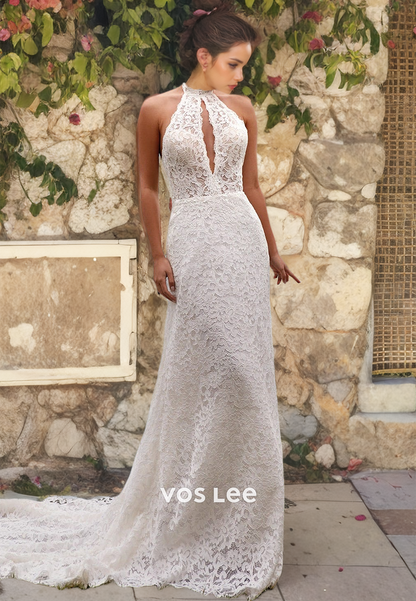 Classy Halter Lace Formal Wedding Gown Mermaid Sleeveless Backless Bridal Dresses