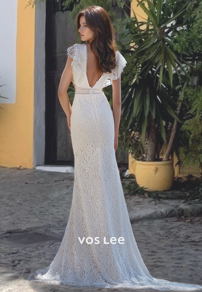 Elegant Mermaid V Neck Lace Wedding Dress Zipper Back Short Sleeves Engagement Dress