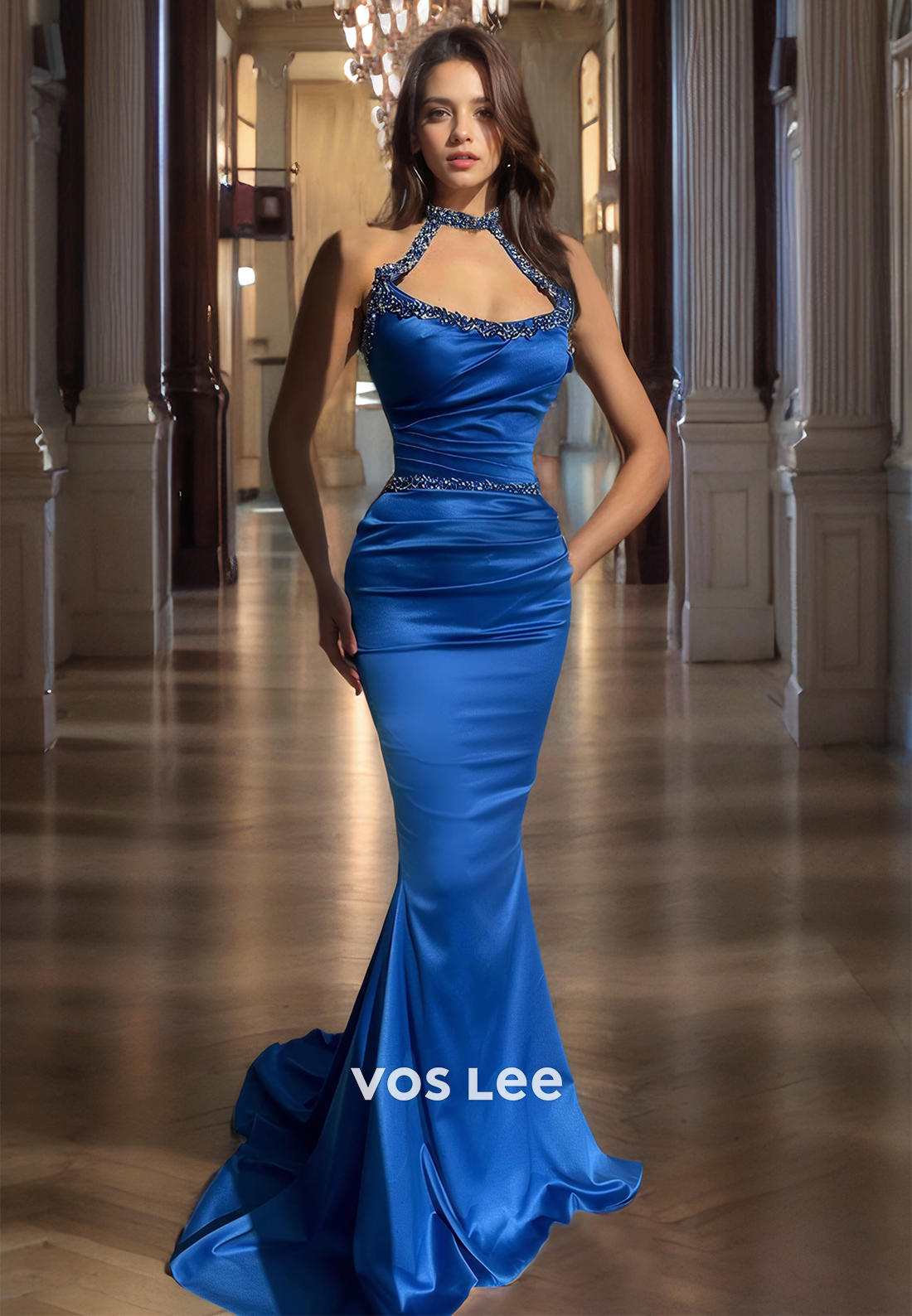 Luxury Halter Royal Blue Mermaid Prom Dress Satin Beads Scoop Sleeveless Evening Party Gown