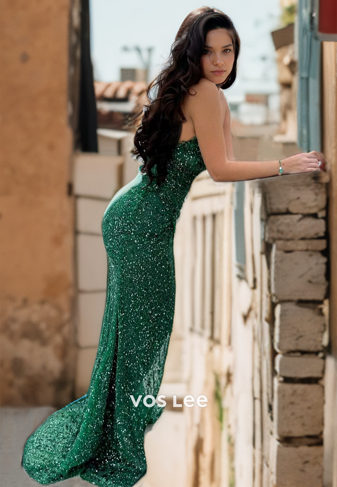 Sparkly Scoop Sequins Floor Length Formal Occasion Party Gown Strapless Green Pageant Dress with Side Slit