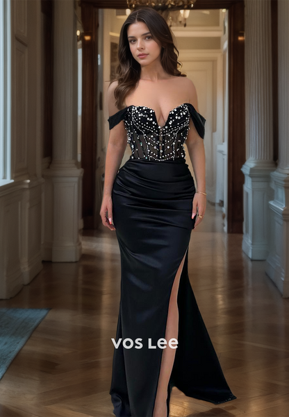 Luxurious Sweetheart Black Off-Shoulder Prom Dress Beads Mermaid Satin Formal Cocktail Dresses