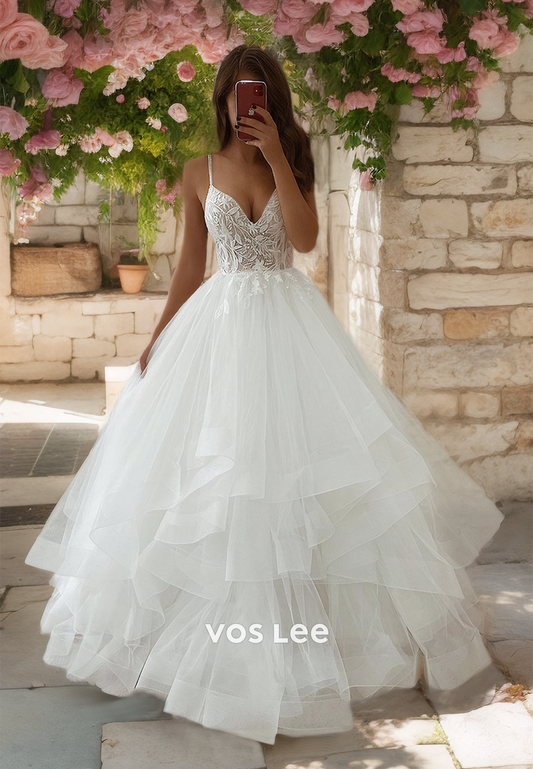 A-Line V Neck Tulle Gorgeous Tiered Wedding Dress Spaghetti Straps Floor Length Wedding Gown