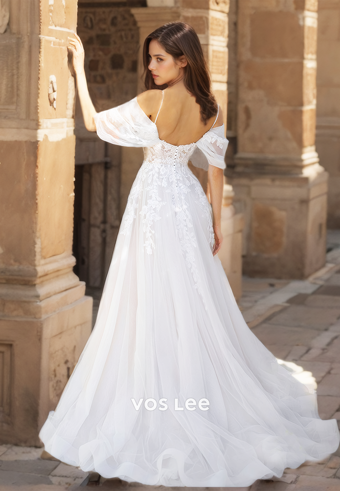 Fancy A-Line Off-Shoulder Tulle Boho Wedding Dress Sweetheart Appliqued Wedding Dresses with High Slit