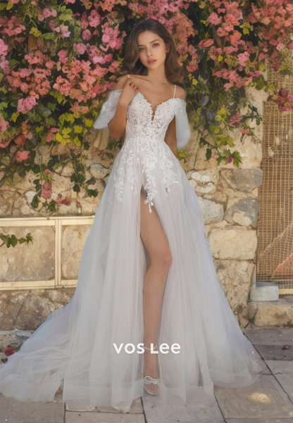 Fancy A-Line Off-Shoulder Tulle Boho Wedding Dress Sweetheart Appliqued Wedding Dresses with High Slit