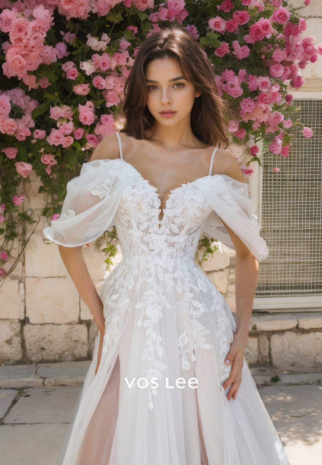 Fancy A-Line Off-Shoulder Tulle Boho Wedding Dress Sweetheart Appliqued Wedding Dresses with High Slit