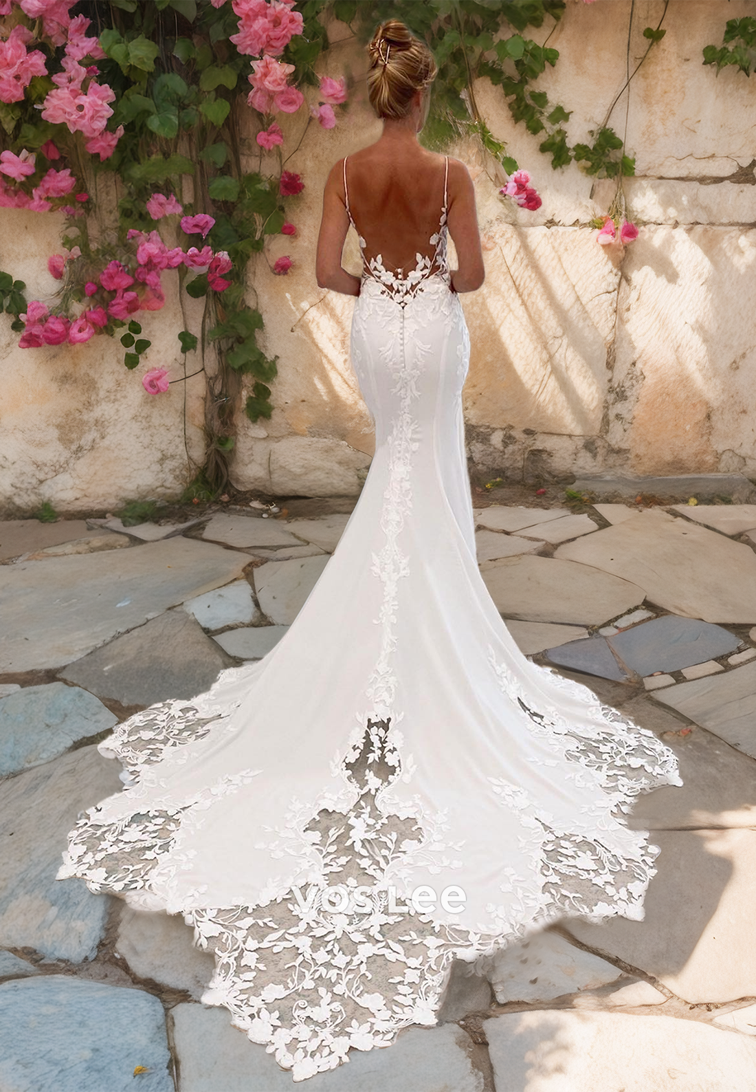 Vintage V Neck Lace Mermaid Wedding Dress Spaghetti Straps Sweep Train Backless Wedding Gown