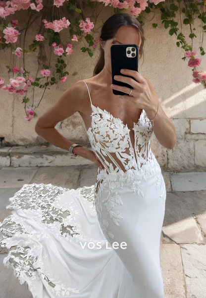 Vintage V Neck Lace Mermaid Wedding Dress Spaghetti Straps Sweep Train Backless Wedding Gown