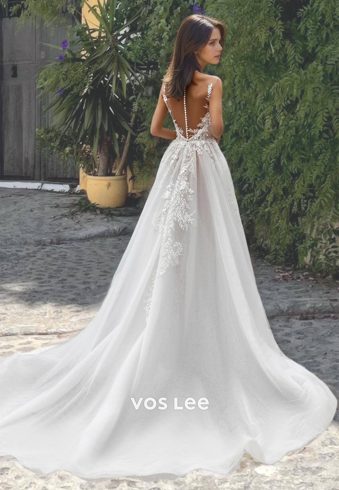 Fancy V Neck Appliqued A-Line Wedding Dress Sweep Train Tulle Spaghetti Straps Princess Dress