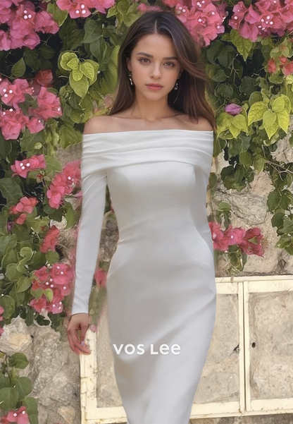 Elegant Column Ankle Length Engagement Dress Long Sleeves Button Back VOS LEE Elegant Column Ankle Length Engagement Dress Long Sleeves Button Back VOS LEE