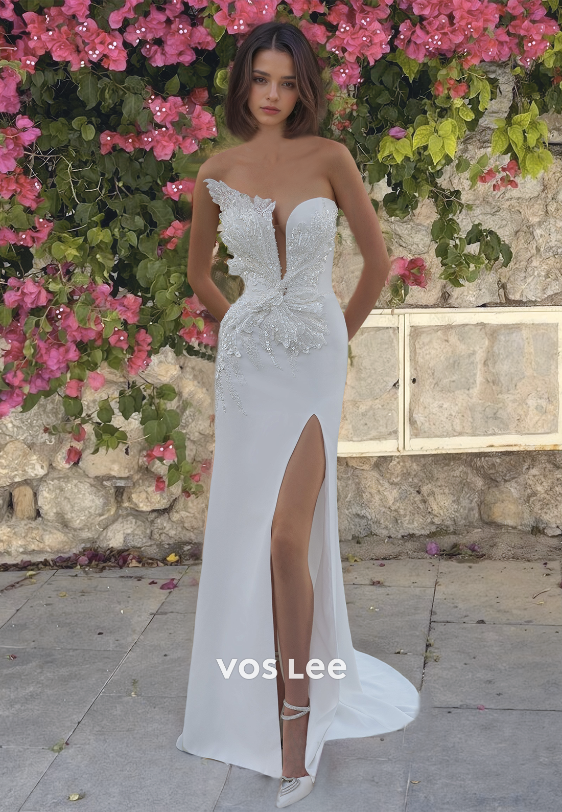 New Arrival Strapless Appliqued Column Wedding Gown High Split Floor Length Wedding Dress