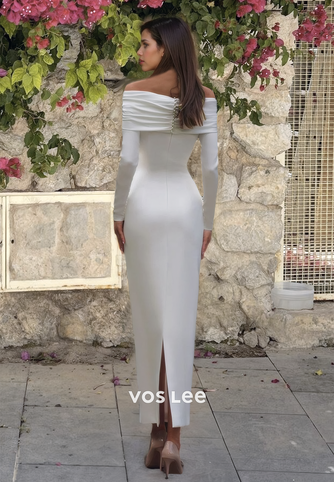 Elegant Column Ankle Length Engagement Dress Long Sleeves Button Back VOS LEE Elegant Column Ankle Length Engagement Dress Long Sleeves Button Back VOS LEE