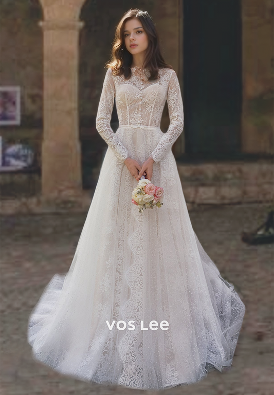 Vintage A-Line Lace Full Sleeves Wedding Dress Floor Length O Neck Sweep Train Bridal Dresses