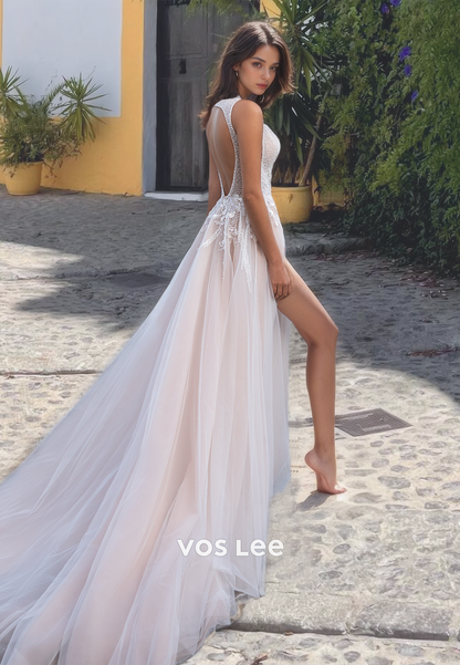 Graceful Deep V Neck Appliqued Long Train Bride Gown Backless Spaghetti Straps Boho Wedding Dress